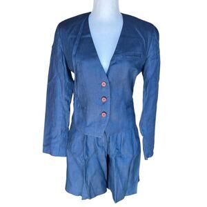 Nordstrom Point of View Women's Linen Blazer & Shorts Set Belted Navy Blue Sz 6